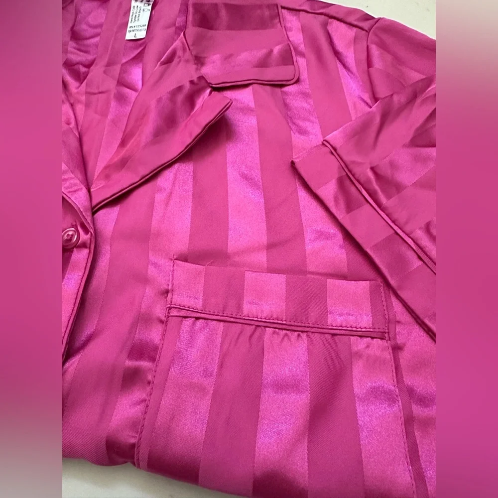 Vibrant Striped Satin Pajama Set – Hot Pink Luxe Lounge Set Size L - Picture 2 of 5